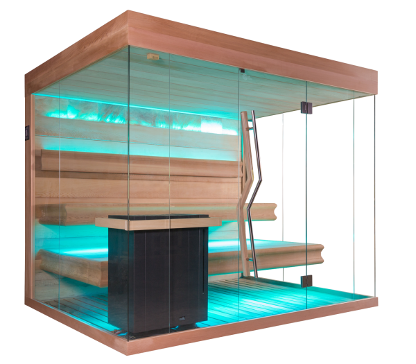 Dr. Kern Panorama Sauna mit schwebenden Bänken und Designerofen